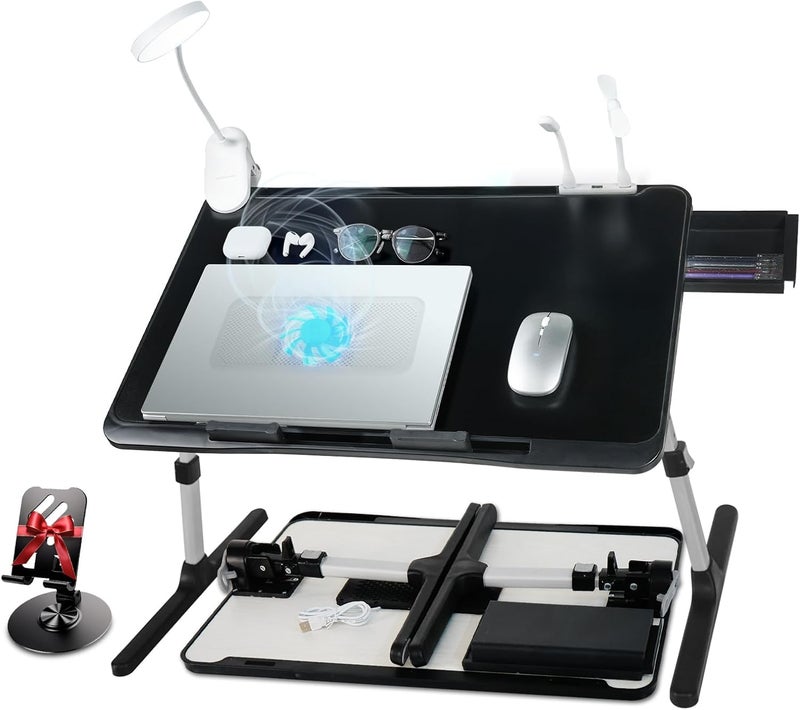 XTRA Laptop Lap Desk Include Cooling Fan,Adjustable Lap Desk with Light Fan,Folding Laptop Desk for Bed with USB,Bed Desk with Storage Drawer 56 * 32cm,Black - Image 1